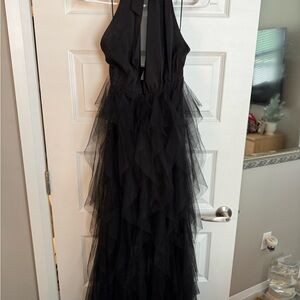 Hello Molly Black Halter Ruffle Tulle Gown